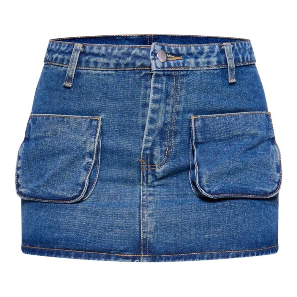 Pretty Little Thing Indigo Vintage Wash Cargo Pocket Front Denim Mini Skirt US 2 - Picture 11 of 11